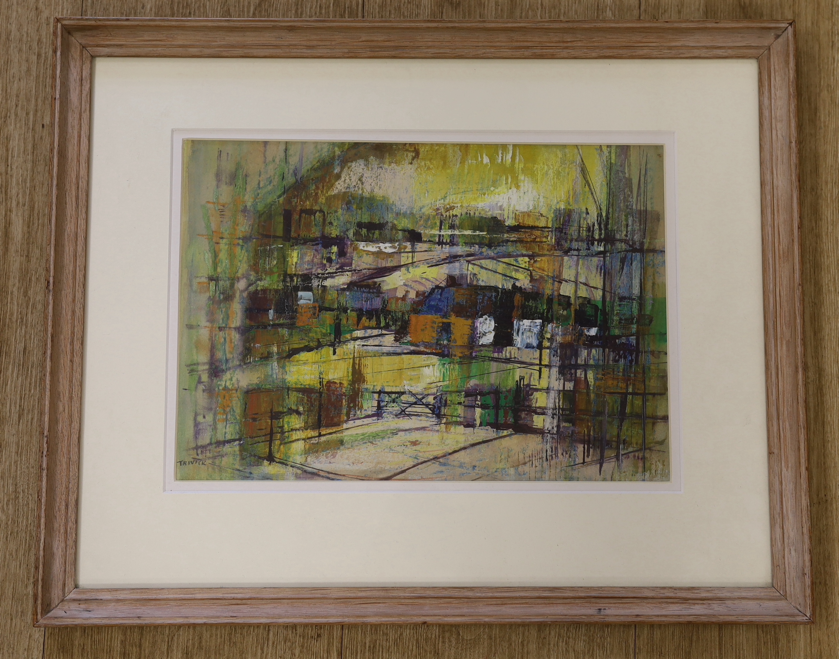 Henry Houghton Trivick (Welsh, 1908-1982), mixed media, 'Holme Farm, Oxen', signed with 1957 AEB label verso, 21 x 30cm